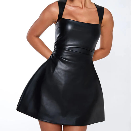 Load image into Gallery viewer, Black PU Leather Sexy Mini Dress For Women Robe Fashion Square Collar Sleeveless Backless High Waist A-line Club Dress
