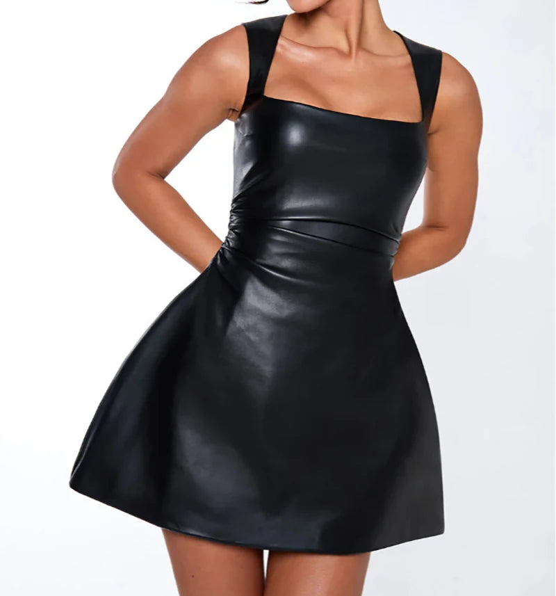 Black PU Leather Sexy Mini Dress For Women Robe Fashion Square Collar Sleeveless Backless High Waist A-line Club Dress