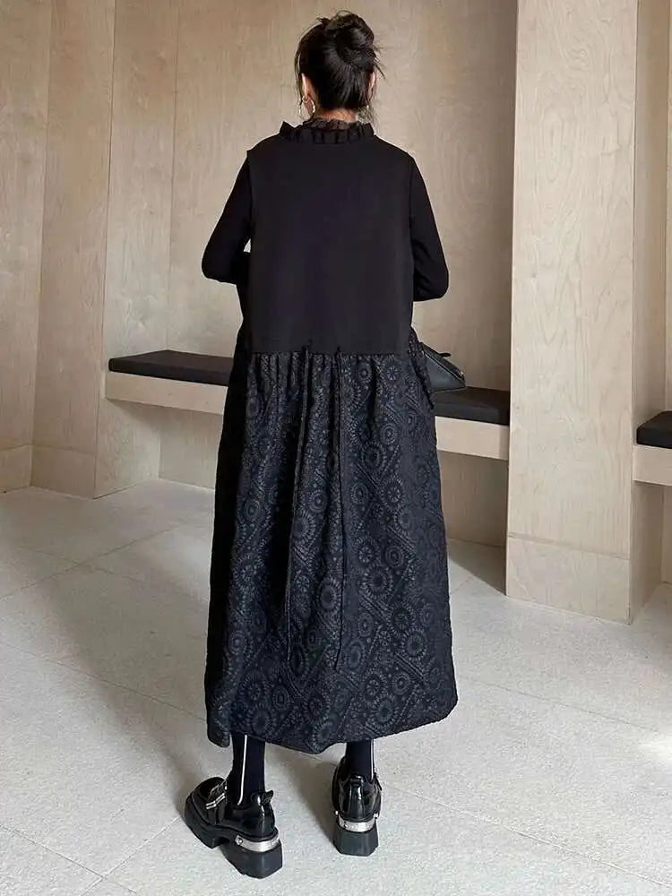 Women Black Pattern Textured Big Size  Long Vest Dress New V-Neck Sleeveless Fashion Tide Spring Autumn 2025 1DH844101