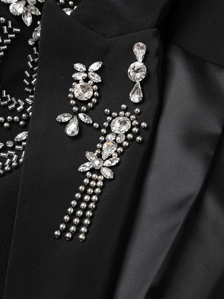 Women Black Rhinestones Nailed Big Size Elegant Blazer New Lapel Long Sleeve Jacket Fashion Spring Autumn 2025 5ZD1434