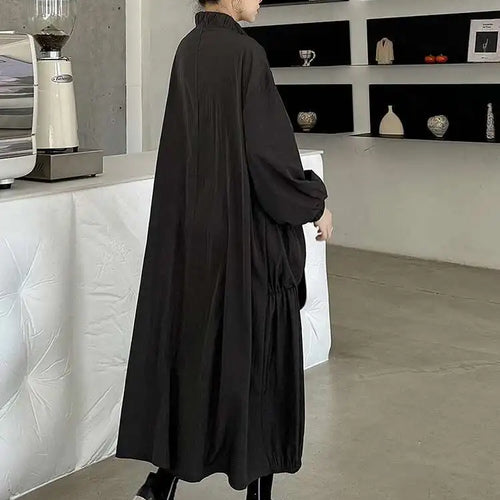 Load image into Gallery viewer, Women Khaki Pleated Big Size Casual Midi Dress New Stand Collar Long Sleeve Fashion Tide Spring Autumn 2025 1DH6824
