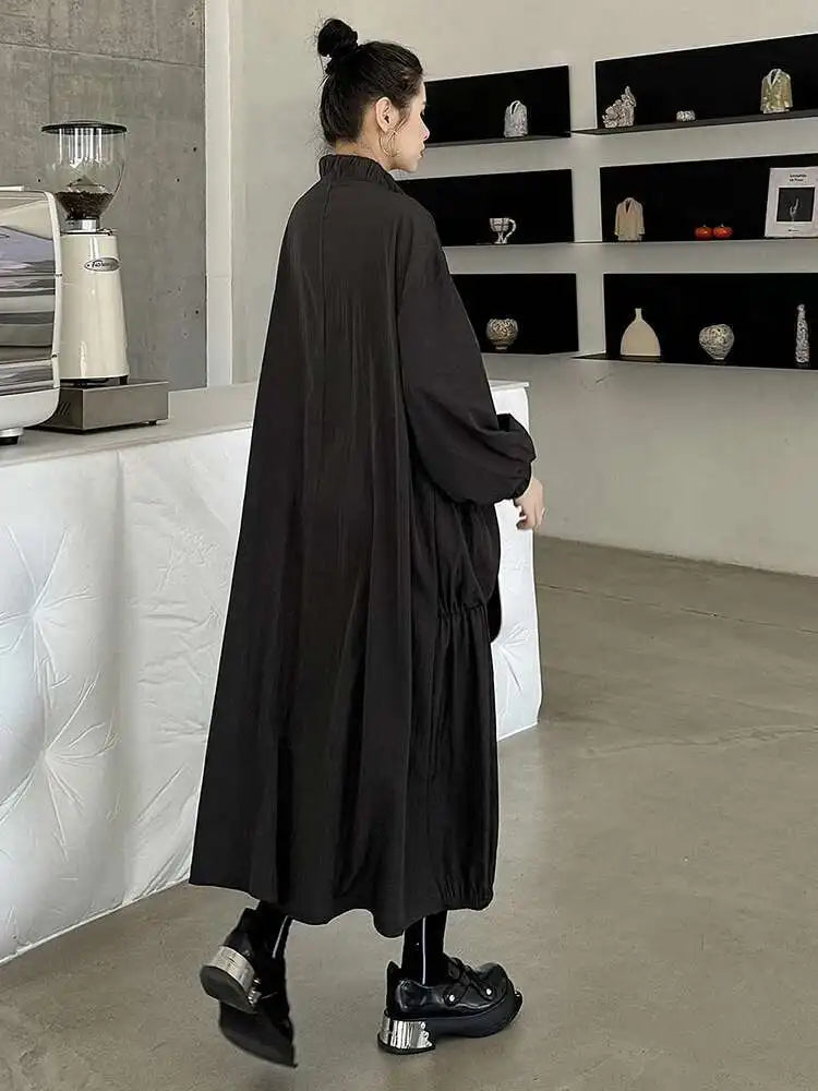 Women Khaki Pleated Big Size Casual Midi Dress New Stand Collar Long Sleeve Fashion Tide Spring Autumn 2025 1DH6824