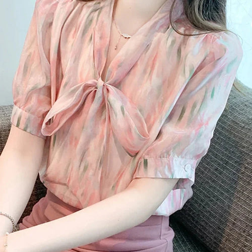 Load image into Gallery viewer, Summer Sweet Lace-up Bow Women&#39;s Blouses Puff Sleeve Slim V-neck Elegant Fashion Office Lady Simple Basic Female Blouse
