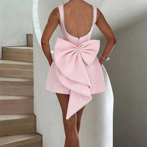Load image into Gallery viewer, Pearl Bow Backless Sexy Mini Dress For Women Robe Fashion Zipper Sleeveless High Waist A-line Club Party Dress Elegant
