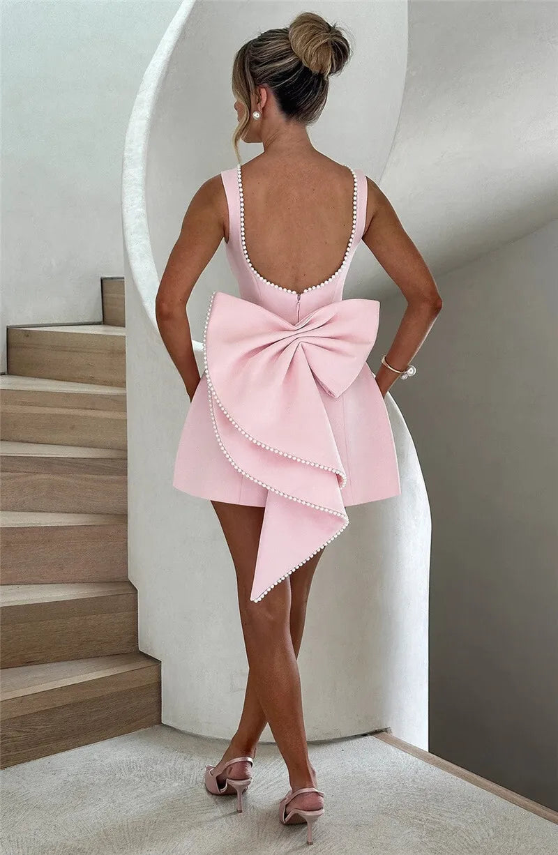 Pearl Bow Backless Sexy Mini Dress For Women Robe Fashion Zipper Sleeveless High Waist A-line Club Party Dress Elegant