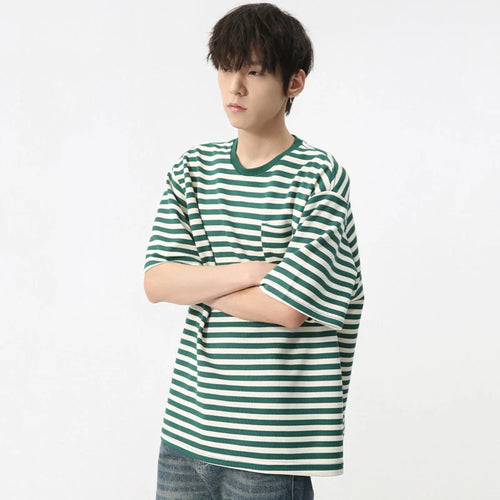 Load image into Gallery viewer, Casual Men&#39;s T-shirt Round Collar Short Sleeve Male T-shirts Stripe Pocket Design Vintage Loose Pullover Top Summer 9C6016
