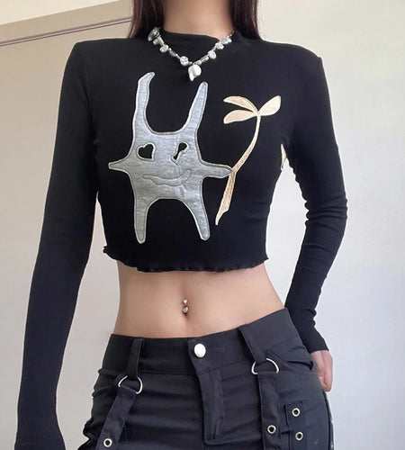 Korean Kawaii Knit Autumn Tee Women Long Sleeve Frill Patches Embroidery Cropped Top Bodycon Casual T shirts Cartoon