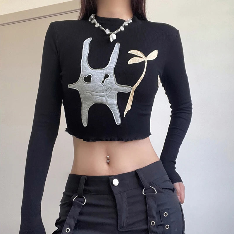Korean Kawaii Knit Autumn Tee Women Long Sleeve Frill Patches Embroidery Cropped Top Bodycon Casual T shirts Cartoon