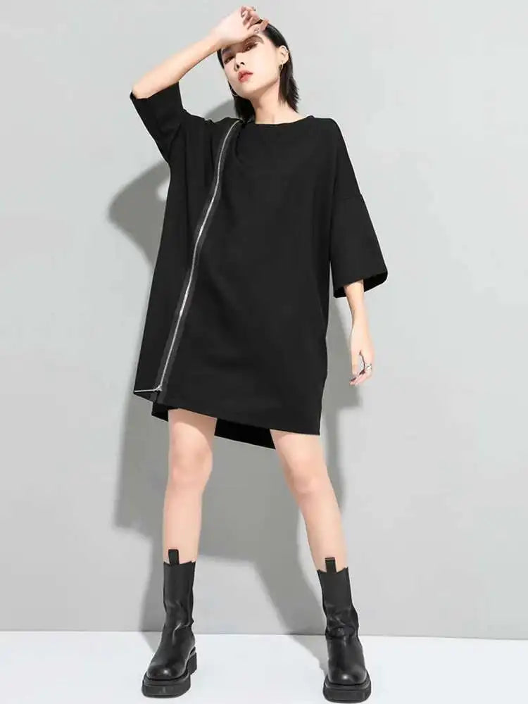 Women Black Zipper Big Size Dress New Round Neck Three-quarter Sleeve Loose Fit Fashion Tide Spring Autumn 2025 1DF5283