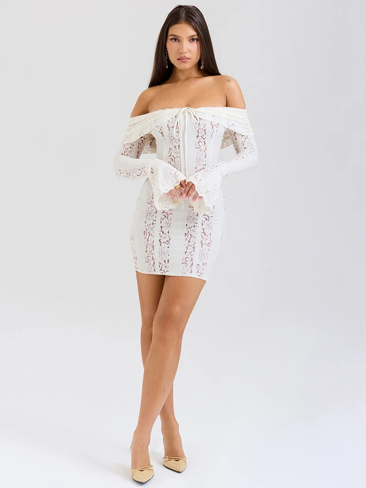 Off-shoulder Lace Sexy Mini Dress For Women White Strapless Long Sleeve Backless Bodycon Club Party Sexy Dress Elegant