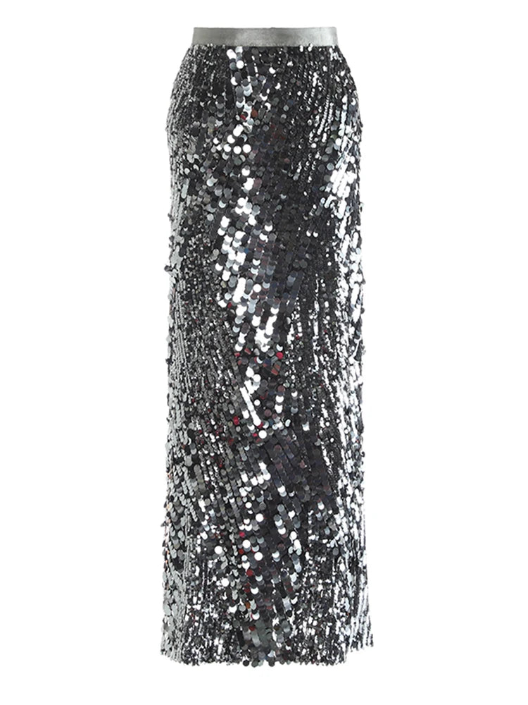 High Elastic Waist Black Sequins Back Slit Elegant Half-body Skirt Women Fashion Tide New Spring Autumn 2025 1DJ1138