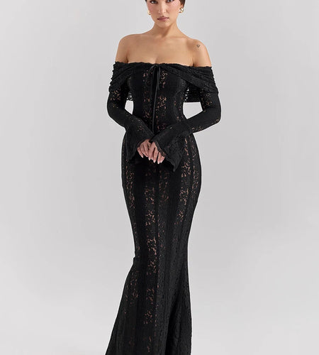 Lace Off-shoulder Sexy Maxi Dress Women Strapless Backless Long Sleeve Bodycon Evening Club Party Long Dress Elegant