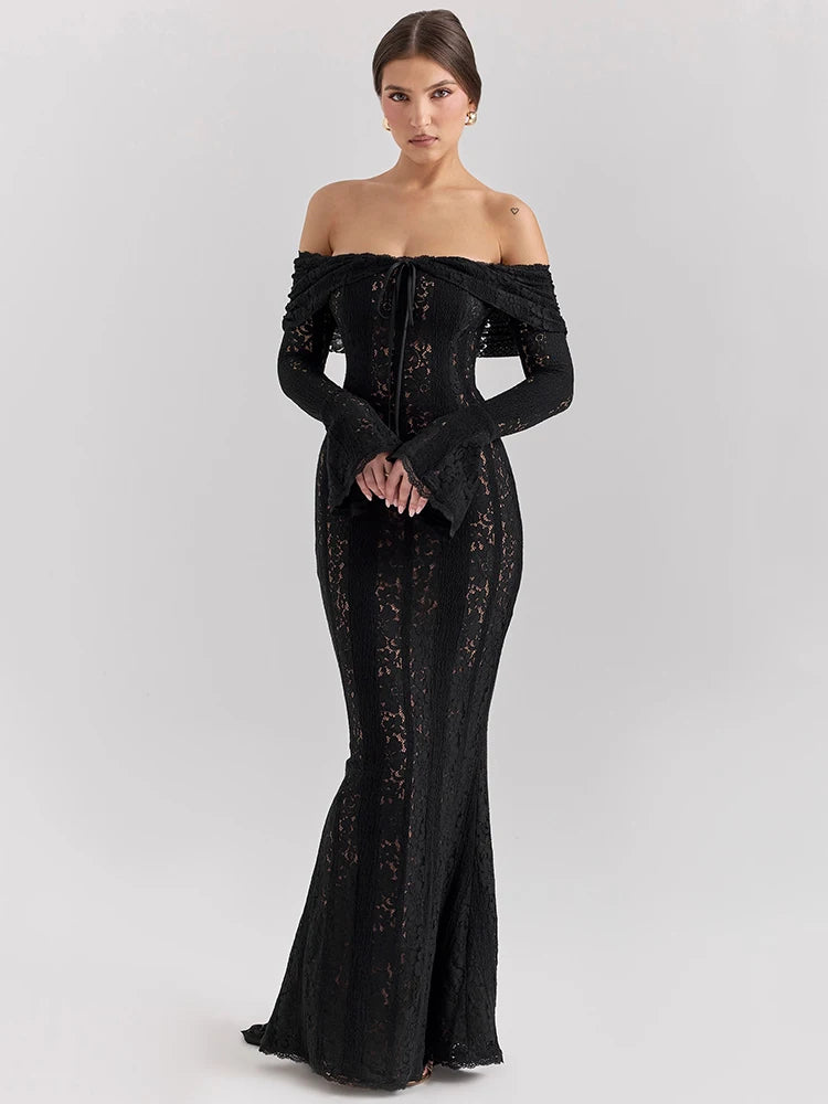 Lace Off-shoulder Sexy Maxi Dress Women Strapless Backless Long Sleeve Bodycon Evening Club Party Long Dress Elegant