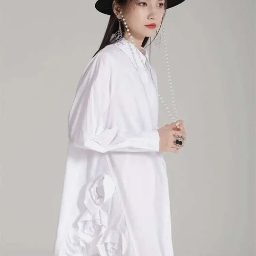 Load image into Gallery viewer, Women White Black Side Flower Big Size Long Blouse New Lapel Long Sleeve Shirt Fashion Tide Spring Autumn 2025 1DH4780
