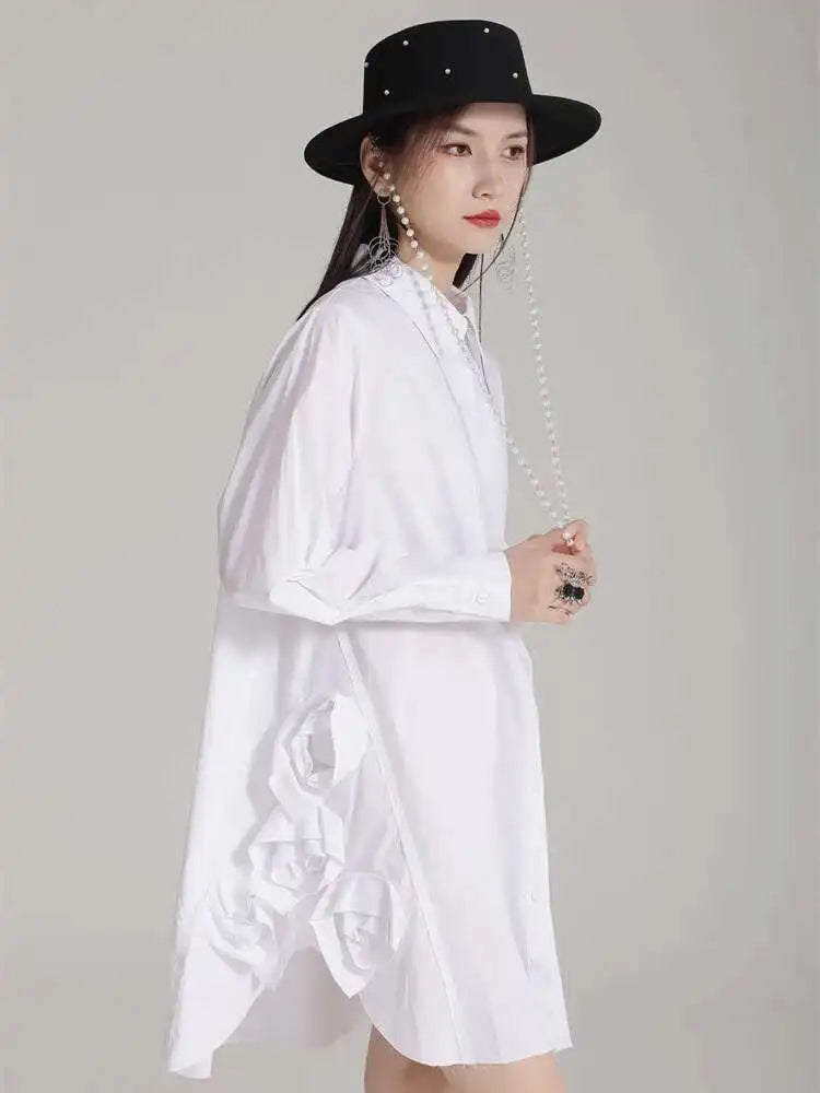 Women White Black Side Flower Big Size Long Blouse New Lapel Long Sleeve Shirt Fashion Tide Spring Autumn 2025 1DH4780