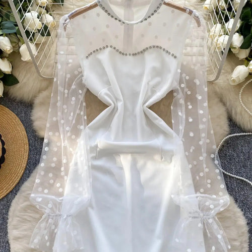 Load image into Gallery viewer, Korean Women Black White Patchwork Mesh Elegant Long Sleeved Office Short Dress Spring Red Polka Dot Round Neck Slim Party Dress
