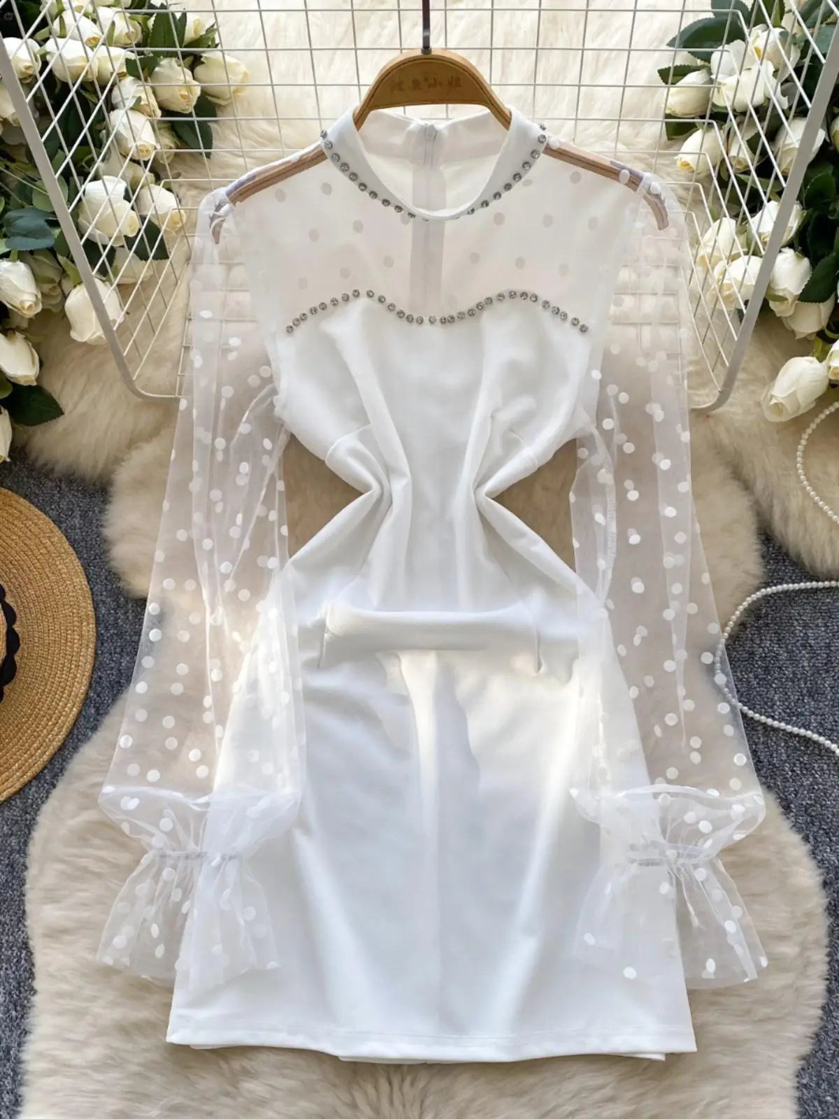 Korean Women Black White Patchwork Mesh Elegant Long Sleeved Office Short Dress Spring Red Polka Dot Round Neck Slim Party Dress