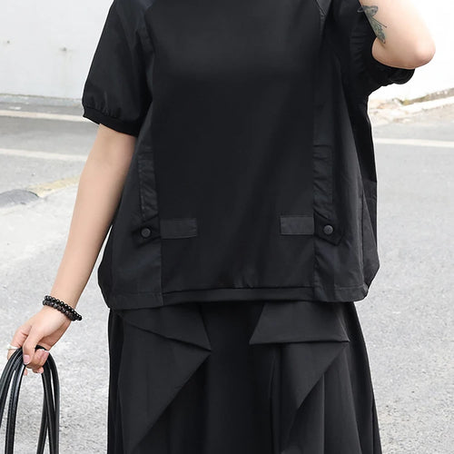 Load image into Gallery viewer, Women Black Spliced Brief Big Size Casual T-shirt New Round Neck Short Sleeve Fashion Tide Spring Summer 2025 1DJ0803
