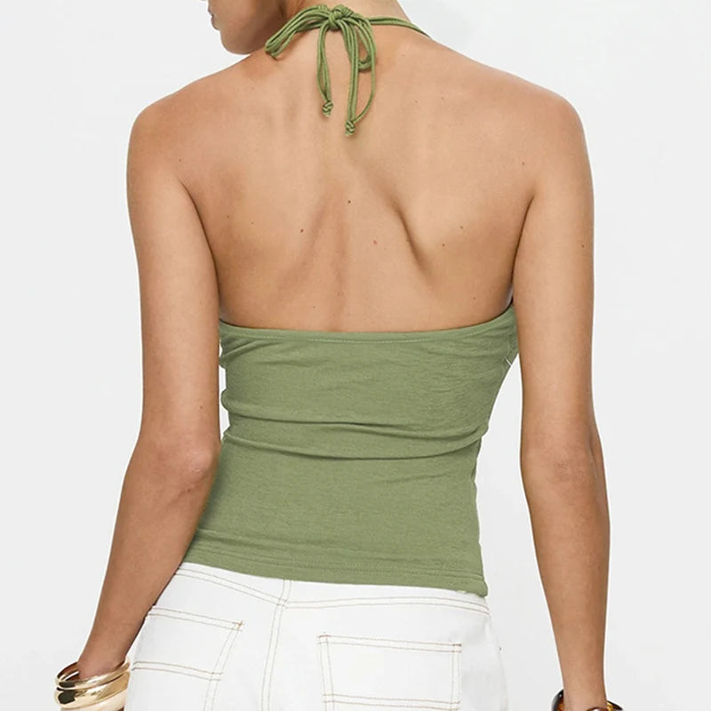 Vintage Solid Lace-Up With Beads Camisole Women‘s Holiday Slimming Halter Cropped Tops Backless Clothes Y2K Sexy New