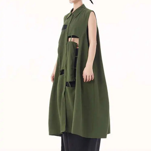 Load image into Gallery viewer, Women Army Green Hollow Out Big Size Midi Casual Dress New Lapel Sleeveless Fashion Tide Spring Summer 2025 1DH9512
