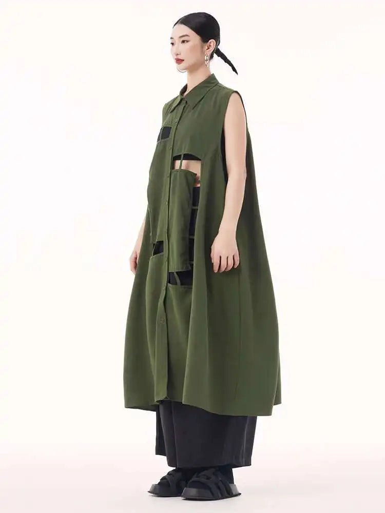 Women Army Green Hollow Out Big Size Midi Casual Dress New Lapel Sleeveless Fashion Tide Spring Summer 2025 1DH9512