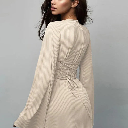 Load image into Gallery viewer, Autumn/Winter New Women Sweater Square Neck Flare Sleeve Lace up Waist Slim Dress Bodycon Party Club Street Clothing
