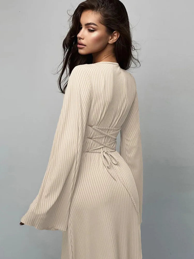 Autumn/Winter New Women Sweater Square Neck Flare Sleeve Lace up Waist Slim Dress Bodycon Party Club Street Clothing