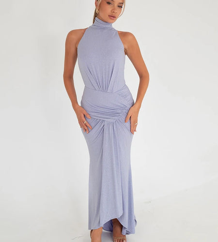 Elegant Sleeveless Elastic Tight Women Dress High Neck Bodycon Pleated Long Party Evening Dress AutumnWinter New Vestido