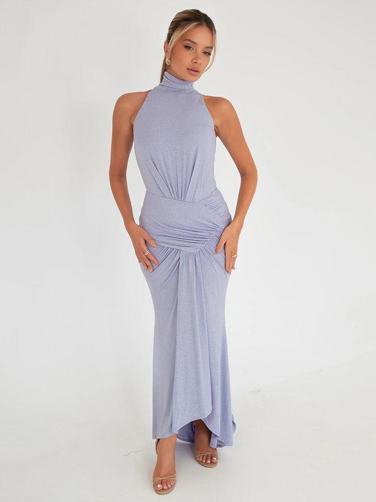 Elegant Sleeveless Elastic Tight Women Dress High Neck Bodycon Pleated Long Party Evening Dress AutumnWinter New Vestido