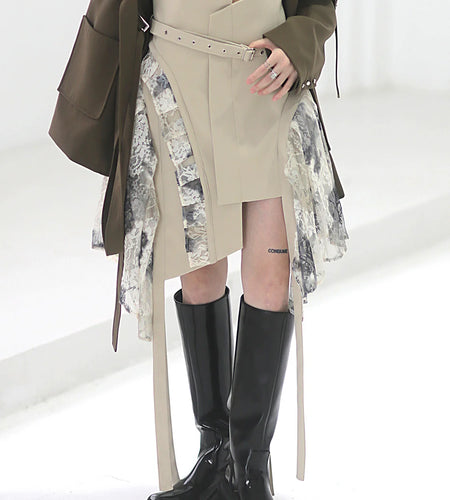 High Waist Apricot Irregular Hem Lace Ribbon Mini Half-body Skirt Women Fashion Tide New Spring Autumn 2025 1DF3018