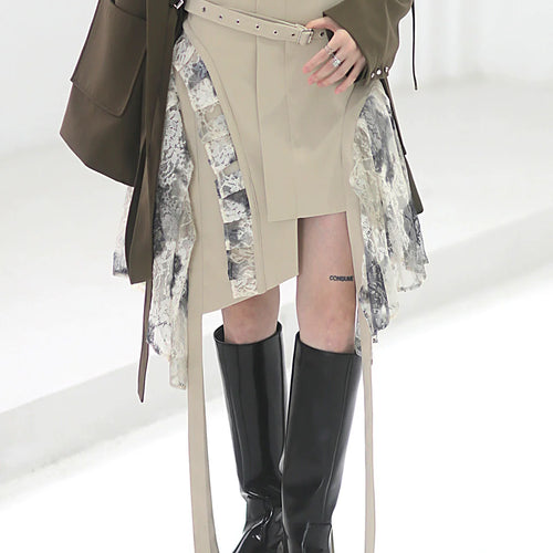 Load image into Gallery viewer, High Waist Apricot Irregular Hem Lace Ribbon Mini Half-body Skirt Women Fashion Tide New Spring Autumn 2025 1DF3018
