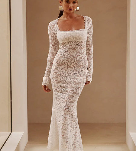 Sexy Lace Long Sleeve Bodycon Dress Women Square Neck Perspective Slim Elegant Maxi Female Vestidos Party Evening Dress