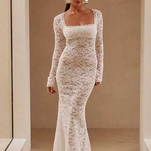 Load image into Gallery viewer, Sexy Lace Long Sleeve Bodycon Dress Women Square Neck Perspective Slim Elegant Maxi Female Vestidos Party Evening Dress
