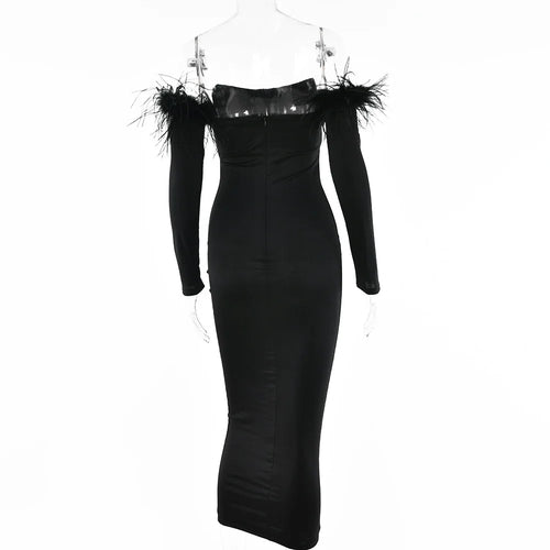 Load image into Gallery viewer, Elegant Off-shoulder Feather Sleeve Maxi Dress Women 2022 New Strapless Backless Bodycon Long Dress Vestido

