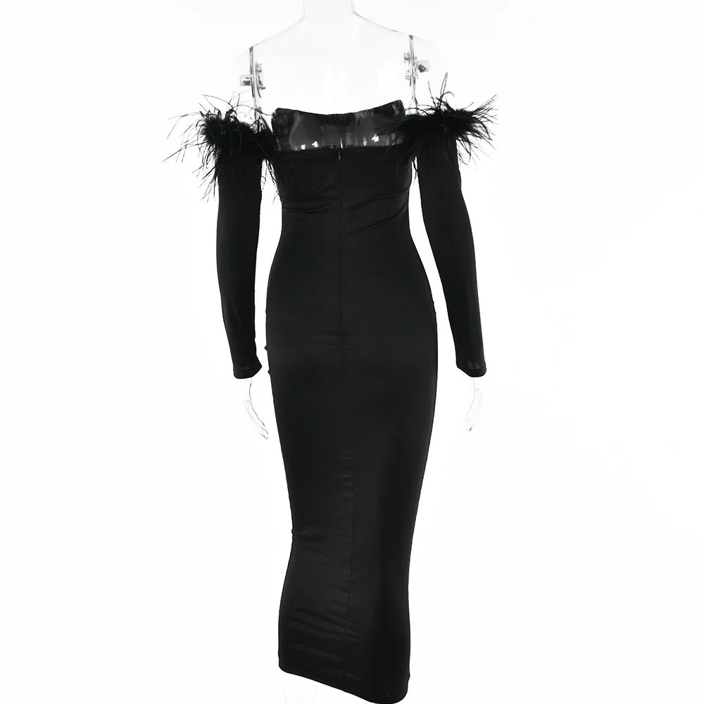 Elegant Off-shoulder Feather Sleeve Maxi Dress Women 2022 New Strapless Backless Bodycon Long Dress Vestido