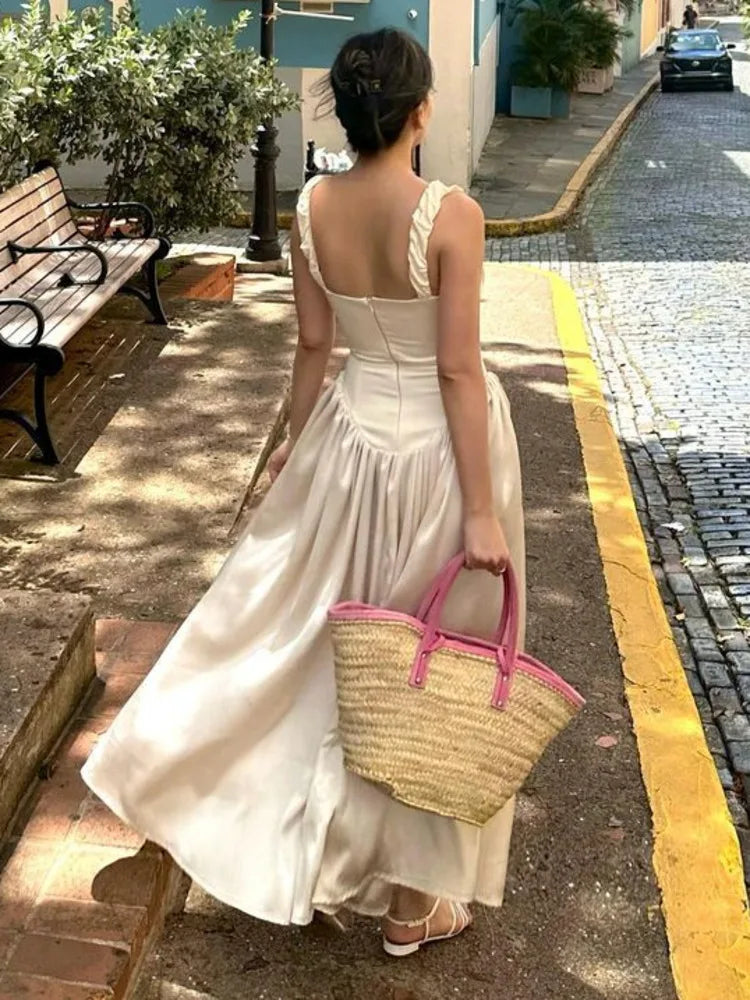 Elegant Sleeveless Satin Bodycon Dress Women's Pleated Slim Fit Long Dress Female Elegance Party Club Street Clothing