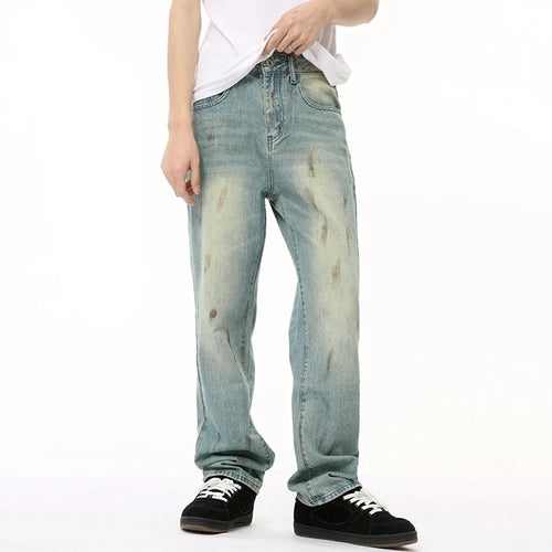 Load image into Gallery viewer, Male Denim Pants New American Worn-out Vintage Splash Ink Whiten Washed Straight Leg Jeans Summer Trendy 9C6674
