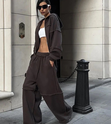 Sporty Women 2 Piece Set Casual Tracksuit Panelled Stripes Simple Hipster Hooded Zip Jacket+Wide Pants Matching Suits