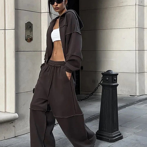 Load image into Gallery viewer, Sporty Women 2 Piece Set Casual Tracksuit Panelled Stripes Simple Hipster Hooded Zip Jacket+Wide Pants Matching Suits
