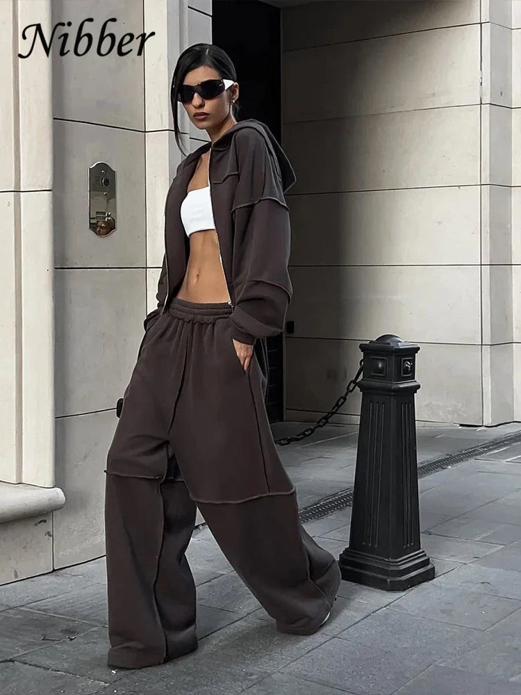 Sporty Women 2 Piece Set Casual Tracksuit Panelled Stripes Simple Hipster Hooded Zip Jacket+Wide Pants Matching Suits
