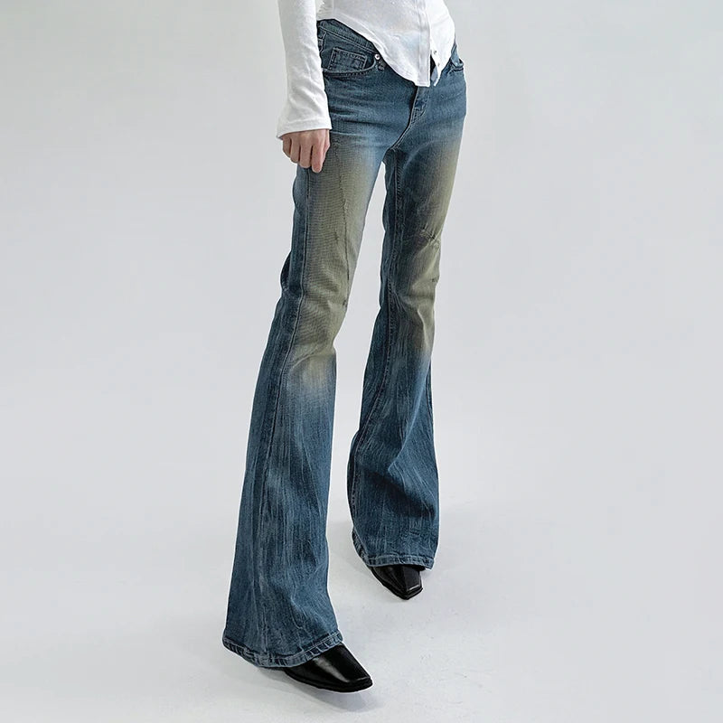 Fashion Vintage Skinny Flare Jeans Women Low Rise Chic Elegant Distressed Denim Trousers Y2K Aesthetic Boot Cut Pants
