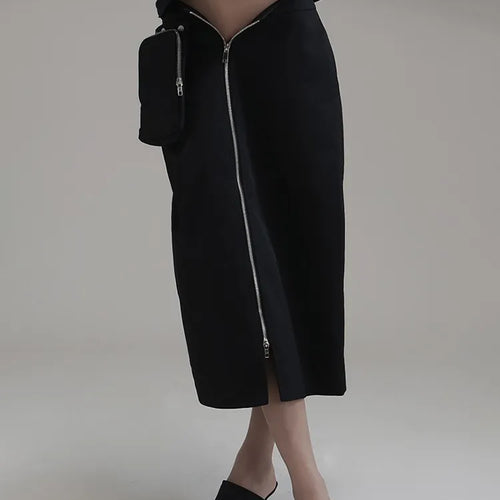 Load image into Gallery viewer, Streetwear Black Midi Skirts For Women High Waist Patchwork Zipper Pockets Solid Long Skirts Female Clothing Summer
