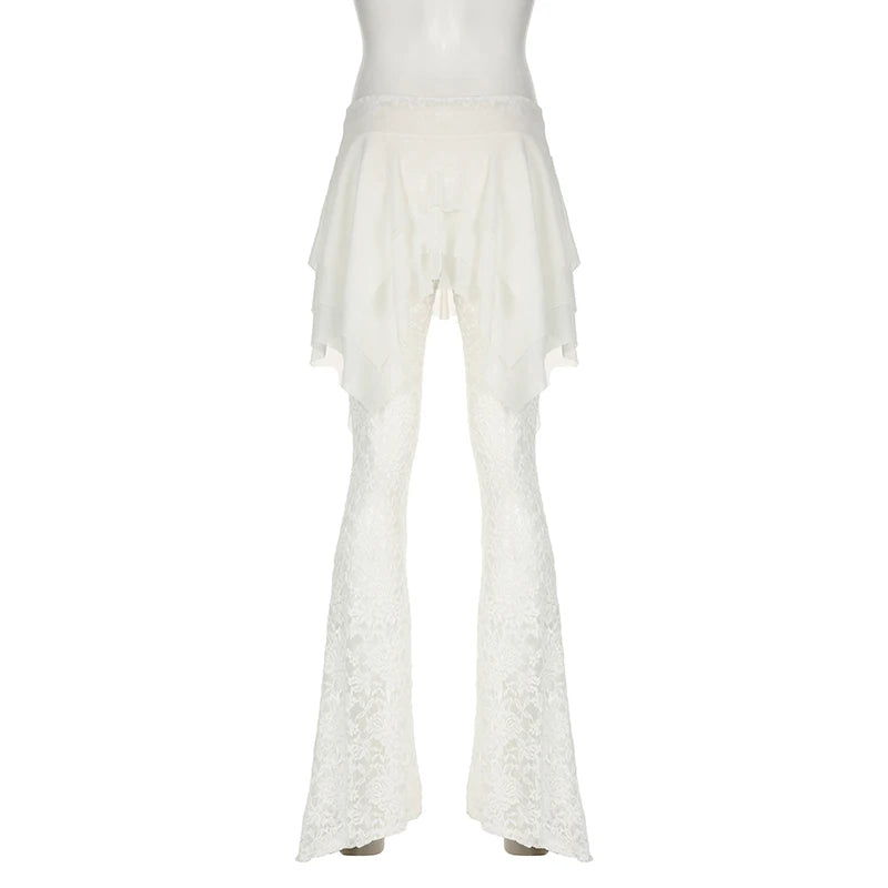 Fashion Y2K White Lace Trousers See Through Ruffles Patchwork Tierred Vintage 2000s Flared Pants Female Hottie Bottom