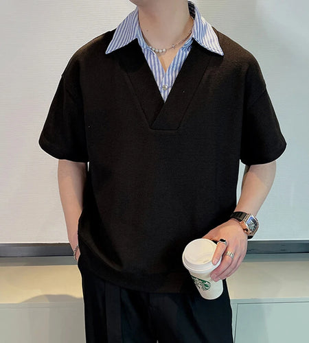 Men's Short Sleeve T-shirts New Summer Korean Casual Turn-down Collar Splicing Fake Two-piece Design Male Top 9W1676