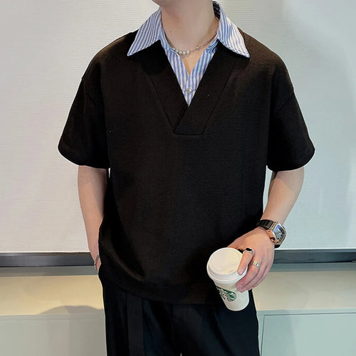 Load image into Gallery viewer, Men's Short Sleeve T-shirts New Summer Korean Casual Turn-down Collar Splicing Fake Two-piece Design Male Top 9W1676
