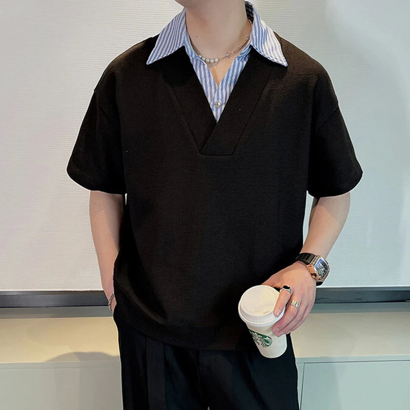 Men's Short Sleeve T-shirts New Summer Korean Casual Turn-down Collar Splicing Fake Two-piece Design Male Top 9W1676