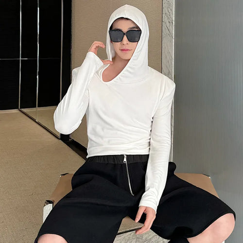 Load image into Gallery viewer, Spring Menwear Male T-shirt Niche Design Hooded Long Sleeve Top Tight Irregular Slanted Neckline Shoulder Pads 9C5064
