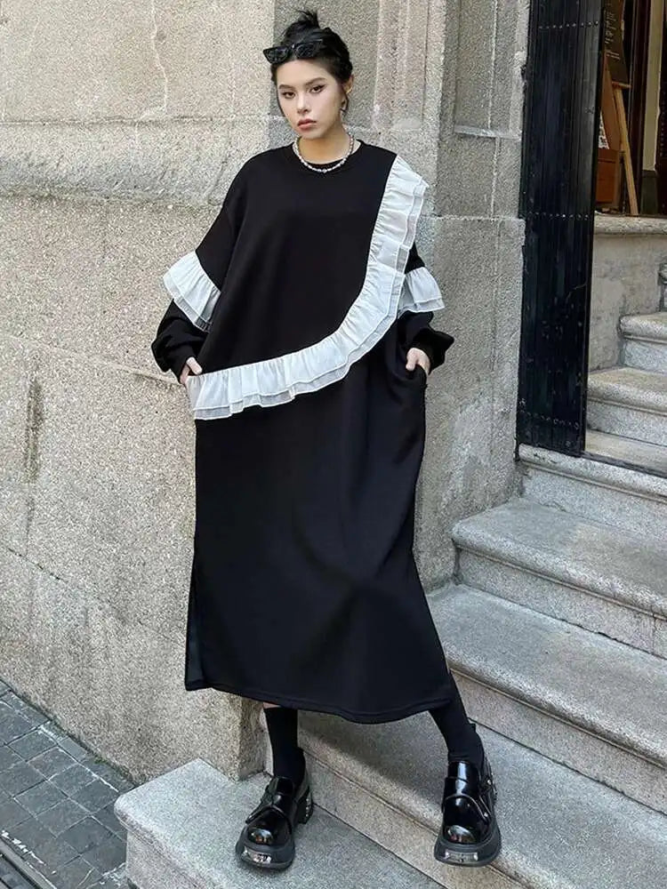 Women Black Ruffles Spliced Big Size Long Casual Dress New Round Neck Long Sleeve Fashion Tide Spring Autumn 2025 1DH7701