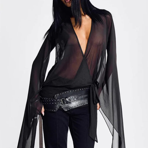 Load image into Gallery viewer, Mesh See Through Sexy Mini Dress For Women Black Sheer Mesh Deep V Neck Long Sleeve Backless Draped Ruched Dress
