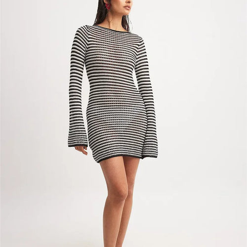 Load image into Gallery viewer, Striped Knit Mini Dress For Women Autumn Winter New O Neck Long Sleeve Contrast Color High Waist Beach Sexy Dress New
